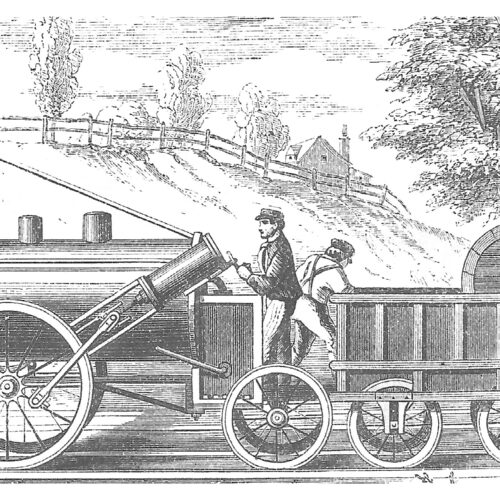 George Stephenson`s Rocket (1829) Locomotive Train with Track and conductor. Rural setting. Engraving from from Harper's New Monthly Magazine Vol. 49 Issue 291 August 1874. Railroad engraving. Steam powered engine.